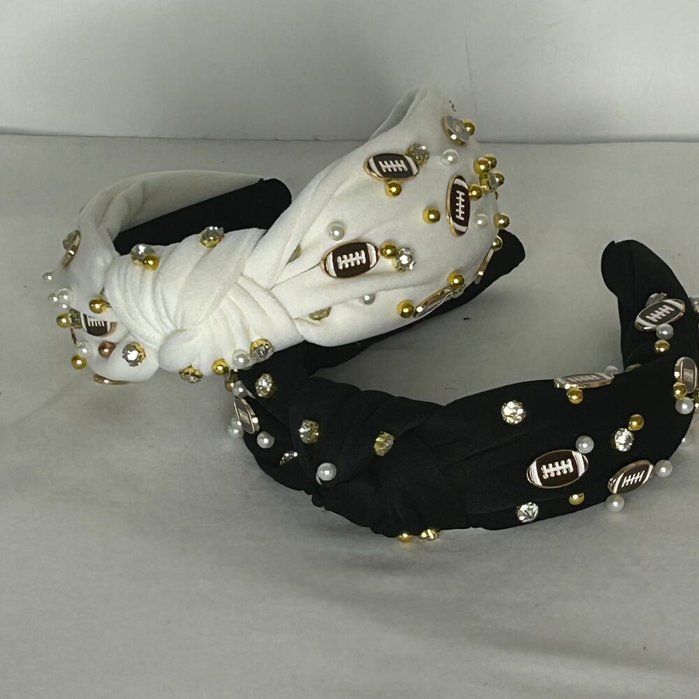 Handmade Lot of 2 Football Jeweled Knot Headbands Black White Gold Game Day